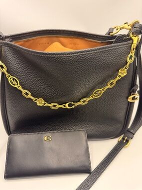 Coach Black Pebbled Leather Shoulder Bag with Gold Flower Chain and wallet combo